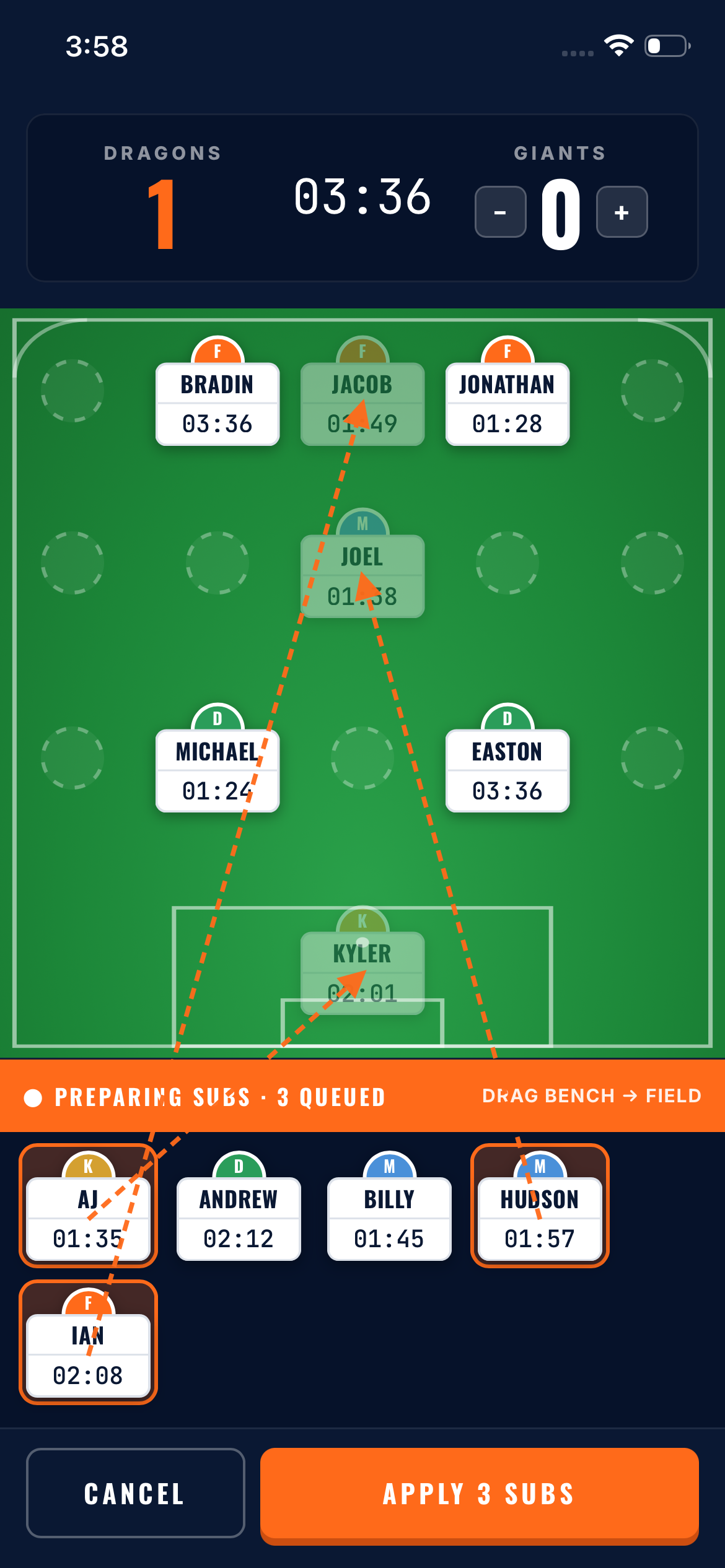 Game Time Coach app — drag-and-drop substitutions on the live field view