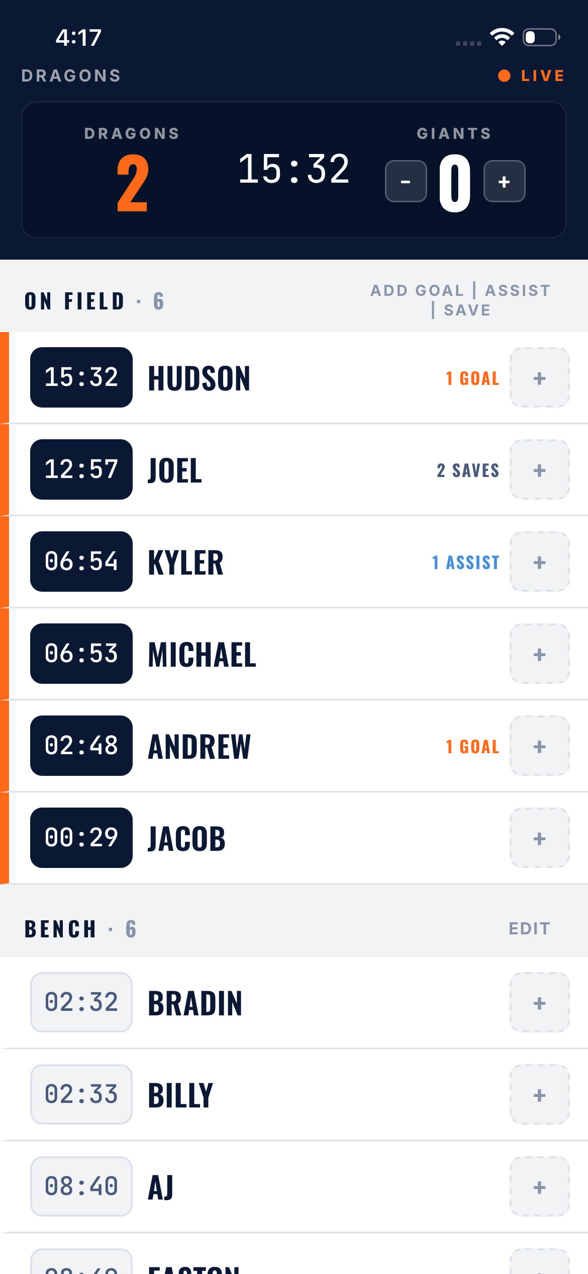 Game Time Coach app — live game player list with minutes, goals, assists, and saves