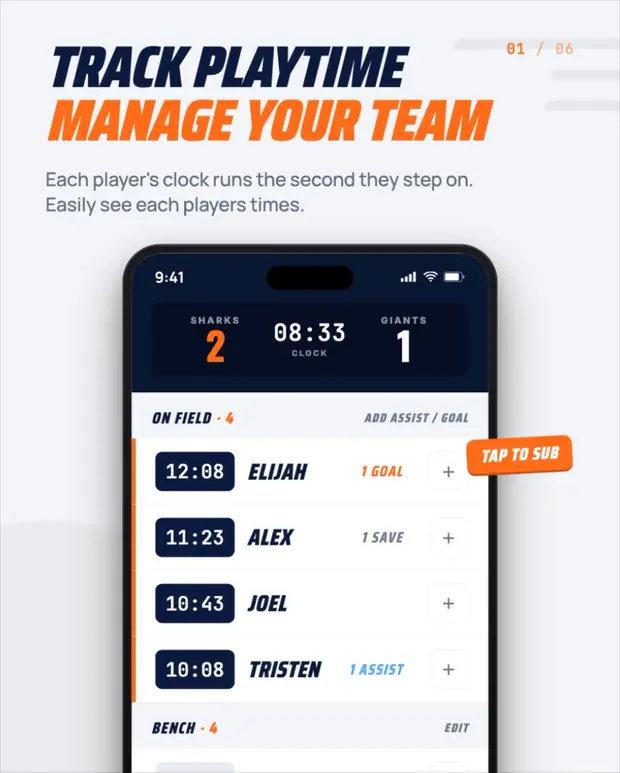 Live game screen tracking each player's minutes as the coach subs