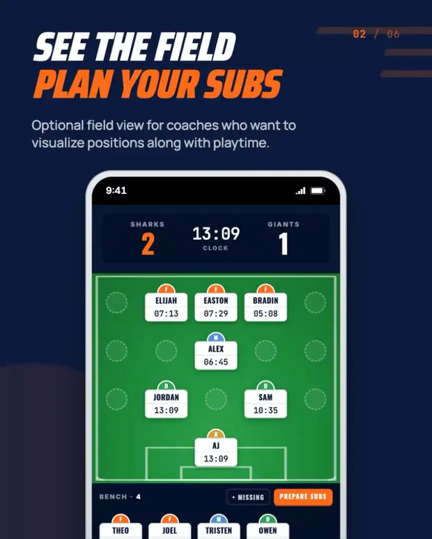 Field view showing player positions with running minutes