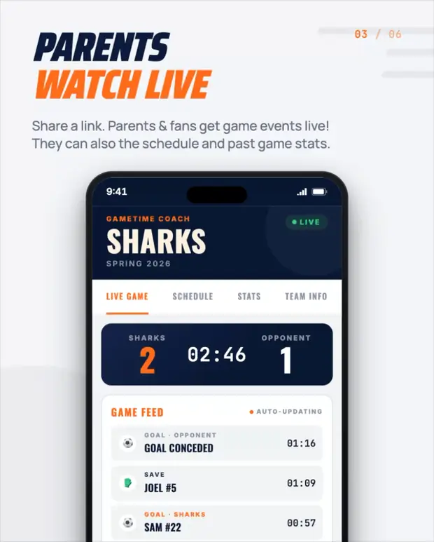Parent-facing team page updating live during a game